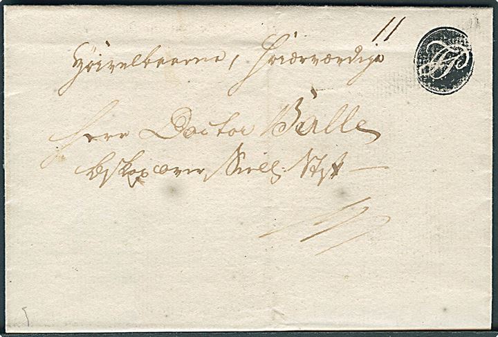 Fodpostbrev med smukt negativstempel med ring FP (type 1A) til Doctor Balle. Påskrevet “11”. Stempel anvendt i perioden 1806-1809.