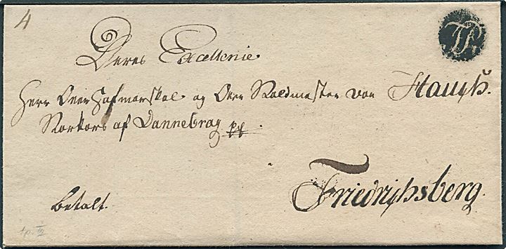 Fodpostbrev påskrevet “Betalt” med negativstempel FP (type III) til Overhofmarskal og Overstaldmester von Hauch, Storkors af Dannebrog, Friedrischsberg ca. 1815. Karte no. 4. Stempel anvendt 1809-1820.