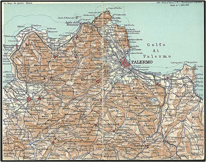 Dobbelt kort med landkort over Palermo egnen. G. De Agostini no. 1-2.