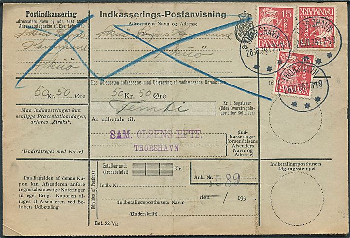 15 øre Karavel på 45 øre frankeret retur Indkasserings-Postanvisning fra Thorshavn d. 26.10.1934 til Skuø.