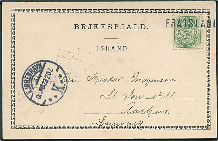 5 øre Våben på brevkort fra Island annulleret med skibs-stempel Fra Island og sidestemplet Kjøbenhavn K. d. 23.2.1902 til Aarhus, Danmark.