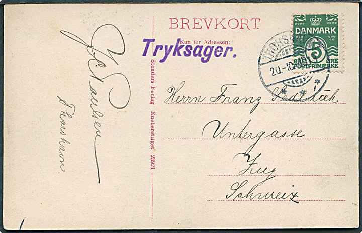 5 øre Bølgelinie på brevkort (Fuglebjerg på Viderø) sendt som tryksag med brotype Ig Thorshavn d. 20.10.1913 til Zug, Schweiz. God destination.