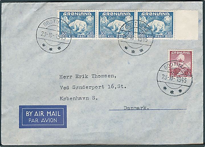 5 øre Chr. X og 30 øre Isbjørn i vandret 3-stribe på 95 øre frankeret luftpostbrev fra Godthaab d. 23.10.1945 til København. 