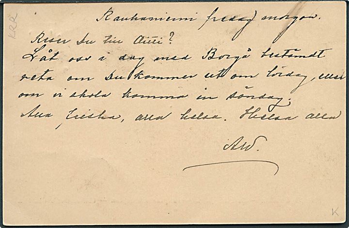 10 pen. helsagsbrevkort dateret Rauhaniemi annulleret med figur-skibsstempel og sidestemplet Helsingfors d. 5.6.1900 til Helsingfors.