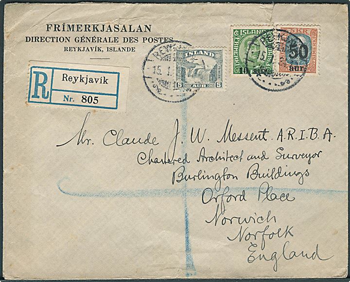 5 aur Gullfoss, 10/5 aur og 50 aur/5 kr. Provisorium på anbefalet brev fra Reykjavik d. 15.1.1934 via Hull til Norwich, England.