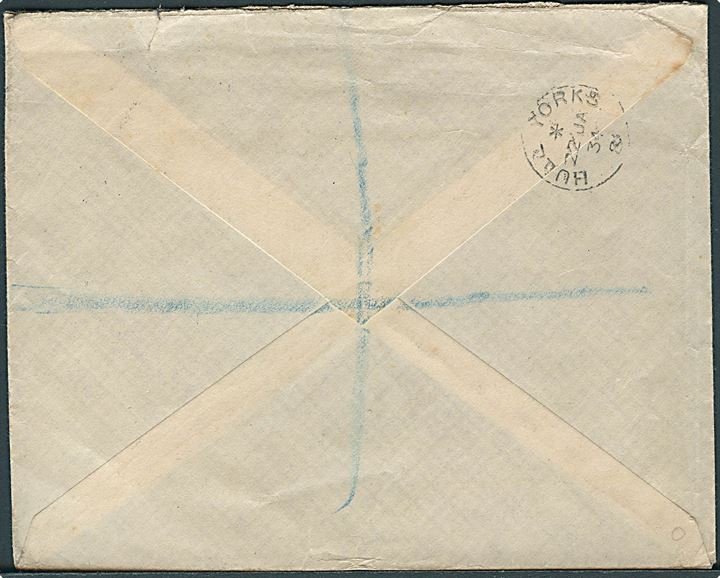 5 aur Gullfoss, 10/5 aur og 50 aur/5 kr. Provisorium på anbefalet brev fra Reykjavik d. 15.1.1934 via Hull til Norwich, England.