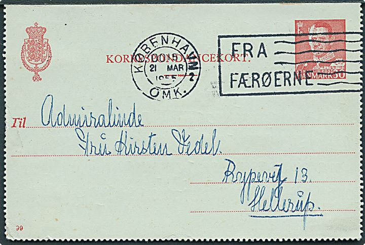 30 øre Fr. IX helsags korrespondancekort fra Thorshavn d. 17.3.1955 annulleret med skibsstempel København OMK. 2 / “Fra Færøerne” d. 21.3.1955 til Hellerup.