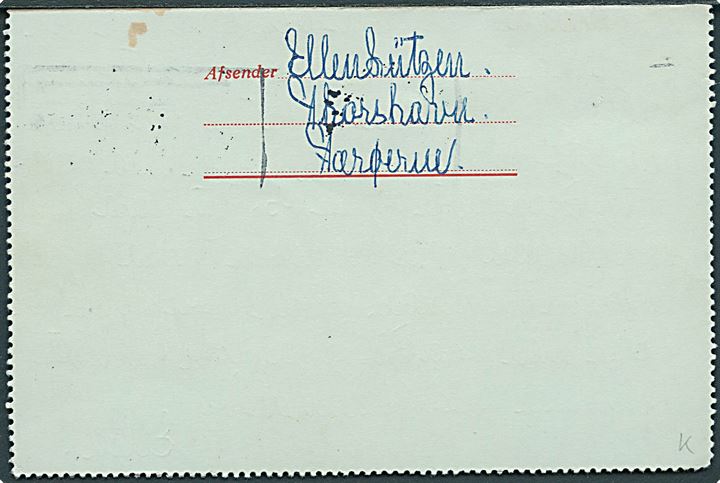 30 øre Fr. IX helsags korrespondancekort fra Thorshavn d. 17.3.1955 annulleret med skibsstempel København OMK. 2 / “Fra Færøerne” d. 21.3.1955 til Hellerup.
