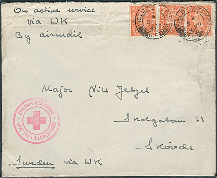 Engelsk 2d George VI (3) på OAS luftpostbrev stemplet Field Post Office 619 (= Düsseldorf) d. 5.6.1947 via UK til Skövde, Sverige. Rødt stempel: Swedish Red Cross / Save the Chrildren Fund.