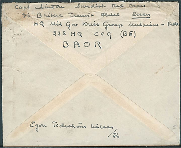 Engelsk 2d George VI (3) på OAS luftpostbrev stemplet Field Post Office 619 (= Düsseldorf) d. 5.6.1947 via UK til Skövde, Sverige. Rødt stempel: Swedish Red Cross / Save the Chrildren Fund.