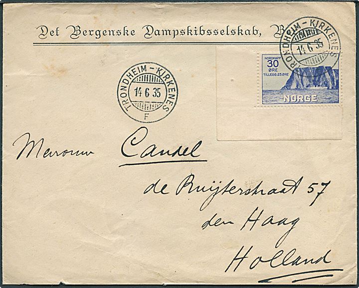 30+25 øre Nordkap I single på Bergenske Dampskibs-selskab kuvert annulleret med sejlende bureaustempel Trondheim - Kirkenes F d. 14.6.1935 til Haag, Holland.