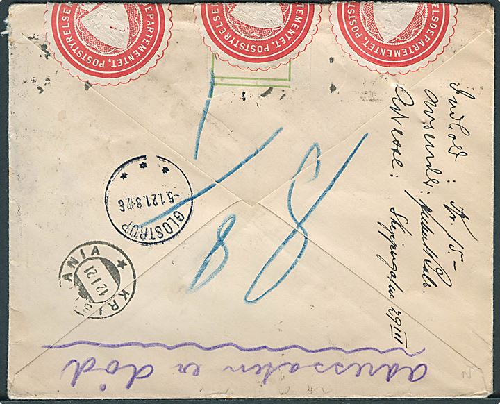 15 øre Posthorn (3) på anbefalet brev fra Kristiania d. 4.1.1921 til Glostrup, Danmark. Retur med 2-sproget etiket “Død” og åbnet af den norske Poststyrelse.
