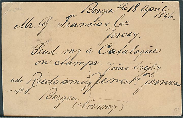 5 øre helsagsbrevkort opfrankeret med 2 øre og 3 øre Posthorn fra Bergen d. 20.4.1896 til Jersey, Channel Islands, England. Spændende destination.