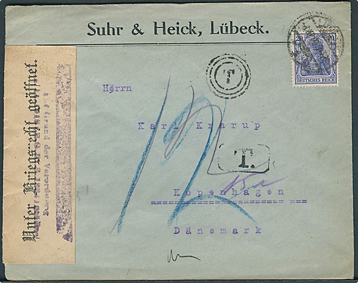 Tysk 20 pfg. Germania single på underfrankeret brev fra Lübeck d. 8.10.1919 (svag dato) til København. Efter-anvendt 3-ringsstempel “T” (Travemünde) anvendt som portostempel. Åbnet af tysk valutakontrol.