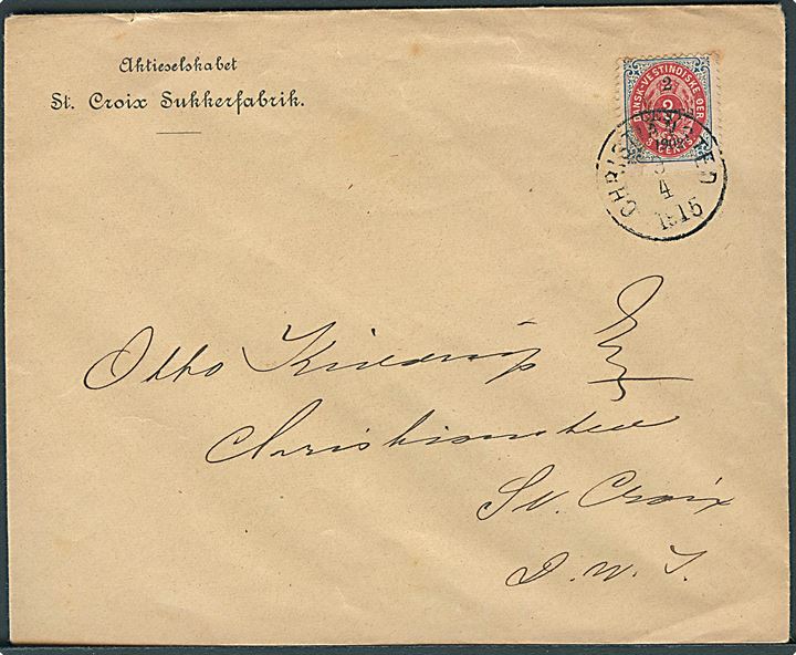 “2 Cents 1902”/3 cents Provisorium København overtryk omvendt ramme på lokalbrev fra St. Croix Sukkerfabrik stemplet Christiansted d. 9.4.1915 til Christiansted.