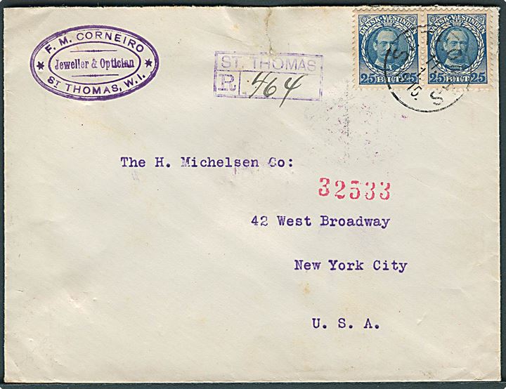 25 øre Fr. VIII i par på anbefalet brev fra St. Thomas d. 11.1.1915 til New York, USA. Violet Rec.-stempel: St. Thomas. Ank.stemplet New York d. 17.1.1915. Rift. 