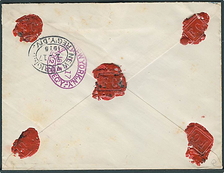 25 øre Fr. VIII i par på anbefalet brev fra St. Thomas d. 11.1.1915 til New York, USA. Violet Rec.-stempel: St. Thomas. Ank.stemplet New York d. 17.1.1915. Rift. 