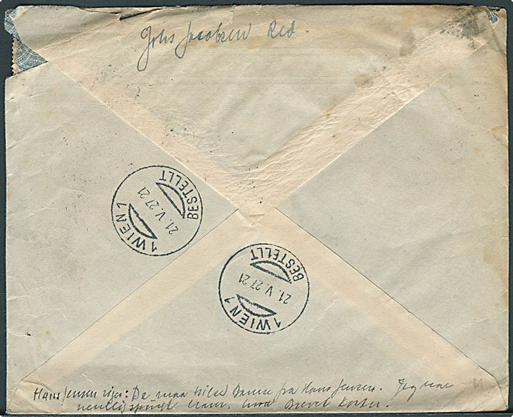 25 øre Karavel i 5-stribe med perfin POL på brev fra Politiken sendt som luftpost ekspres fra København d. 21.5.1927 til Wien, Østrig.