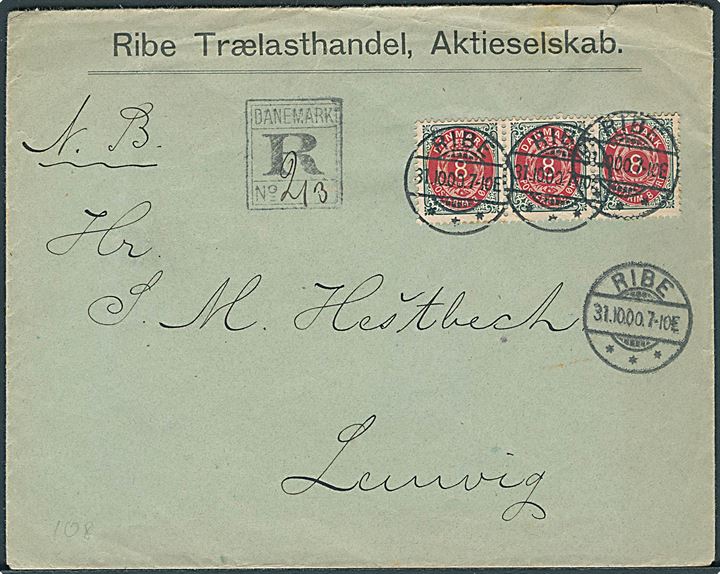 8 øre Tofarvet 108. tryk omv. rm. i 3-stribe på anbefalet brev fra Ribe d. 31.10.1900 til Lemvig. Smukt brev.