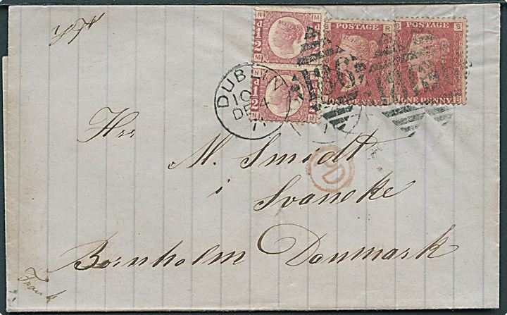 Engelsk ½d (par) og 1d (2) Victoria på brev annulleret med duplex Dublin/”186” d. 4.12.1871 via Kjøbenhavn til Svaneke på Bornholm. Tidlig indgående forsendelse.