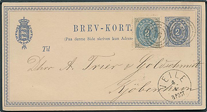 4 sk. Tofarvet 4. tryk a preussisk blå som opfrankering på 2 sk. helsagsbrevkort annulleret med nr.stempel “76” og sidestemplet lapidar Veile d. 4.1.1873 til Kjøbenhavn. 