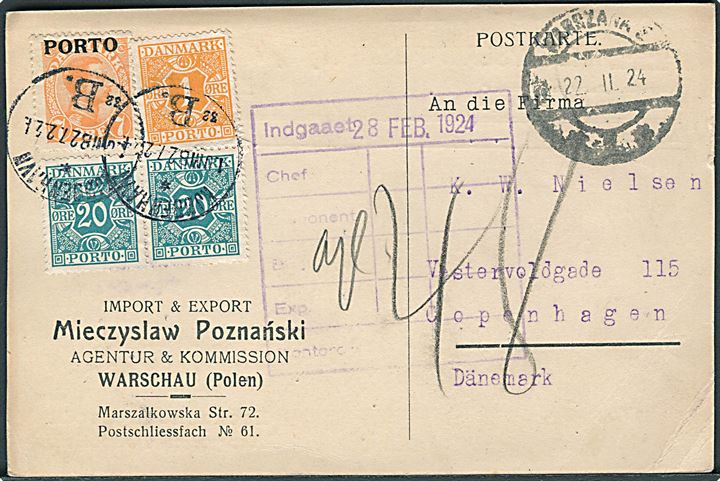 Ufrankeret polsk brevkort fra Warszawa d. 22.2.1924 til København, Danmark. Udtakseret i 48 øre porto med 7 øre Chr. X Porto-provisorium, samt 1 øre og 20 øre (par) Portomærke stemplet Kjøbenhavn d. 27.2.1924.