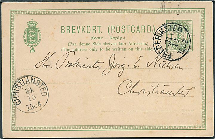 1 cent svardel af dobbelt helsagsbrevkort fra Frederiksted d. 31.10.1901 til Christiansted. Daka: 4500,-