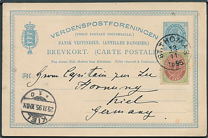 1 cent Tofarvet 9. tryk omv. ramme som opfrankering på 2 cents helsagsbrevkort fra St: Thomas d. 12.11.1895 til Kiel, Tyskland. Ank.stemplet Kiel d. 29.11.1895.