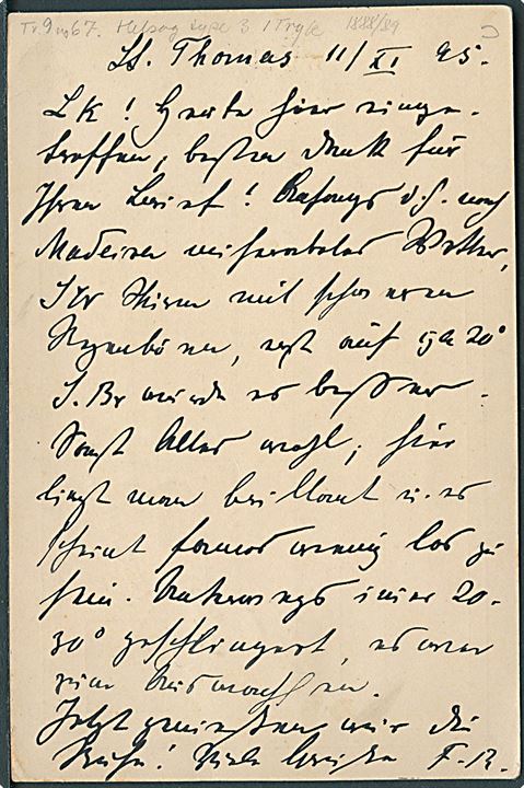 1 cent Tofarvet 9. tryk omv. ramme som opfrankering på 2 cents helsagsbrevkort fra St: Thomas d. 12.11.1895 til Kiel, Tyskland. Ank.stemplet Kiel d. 29.11.1895.