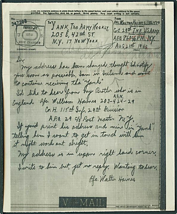 Amerikansk V-mail forsendelse dateret d. 21.8.1943 fra soldat ved 29th Infantry, APO 860 (= Reykjavik) til Yank the Army Weekly i New York, USA. Unitcensor #10961. Medfølger forsendelseskuvert.