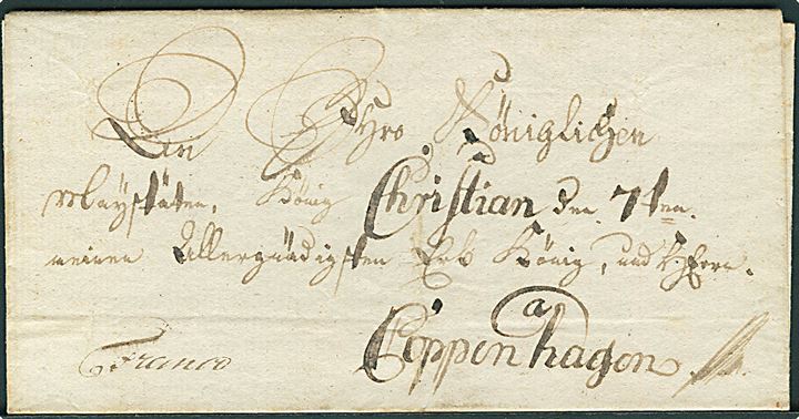 Christian VII. Francobrev til Kong Christian VII (1749-1808 - regent 1766-1808) i København. På bagsiden noteret karte nr. 13.  