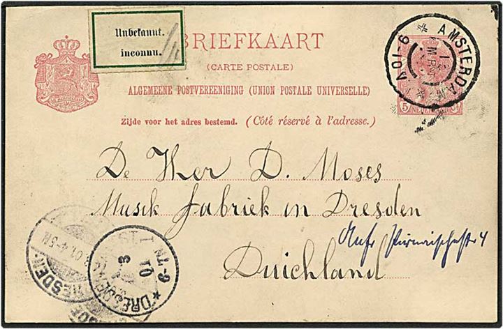 5 cent rød enkeltbrevkort fra fra Amsterdam, Holland, d. 1.3.1901 til Dresden, Tyskland. Modtageren ubekendt.