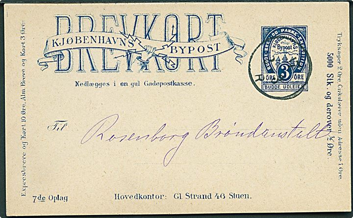 Kjøbenhavns Bypost. 3 øre helsagsbrevkort 7. oplag m. 1-ringsstempel d. 2.3.1887 fra Havnegade til Rosenborg Brøndanstalt.