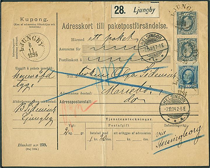 20 öre og 50 öre (par) Oscar II på 1,20 kr. adressekort for pakke fra Ljungby d. 6.11.1894 via Helsingør til Maribo, Danmark. Lodret fold.