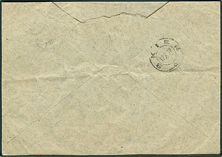 27/10 øre Provisorium single på anbefalet brev fra Kjøbenhavn d. 9.10.1918 til Skien, Norge. Folder