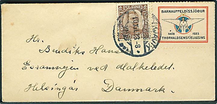 20 aur Chr. X og Thorvaldsen Foreningen Julemærke 1923 på brev fra Reykjavik d. 10.12.1923 til Helsingør, Danmark. 