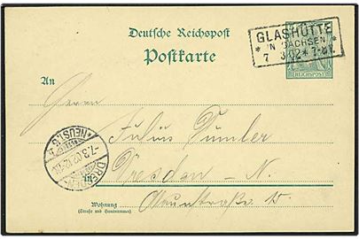 5 pfennig grøn enkeltbrevkort fra fra Glashütte, Tyskland, d. 7.3.1902 til Dresden. Glashütte rammetempel.