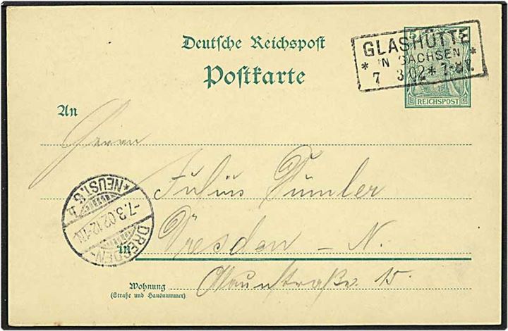 5 pfennig grøn enkeltbrevkort fra fra Glashütte, Tyskland, d. 7.3.1902 til Dresden. Glashütte rammetempel.