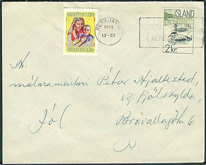 2 kr. Edderfugl og Thorvaldsen Forening Julemærke 1959 på lokalt brev i Reykjavik d. 19.12.1959.