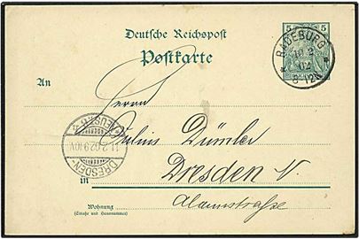 5 pfennig grøn enkeltbrevkort fra fra Radeburg, Tyskland, d. 10.2.1902 til Dresden. 