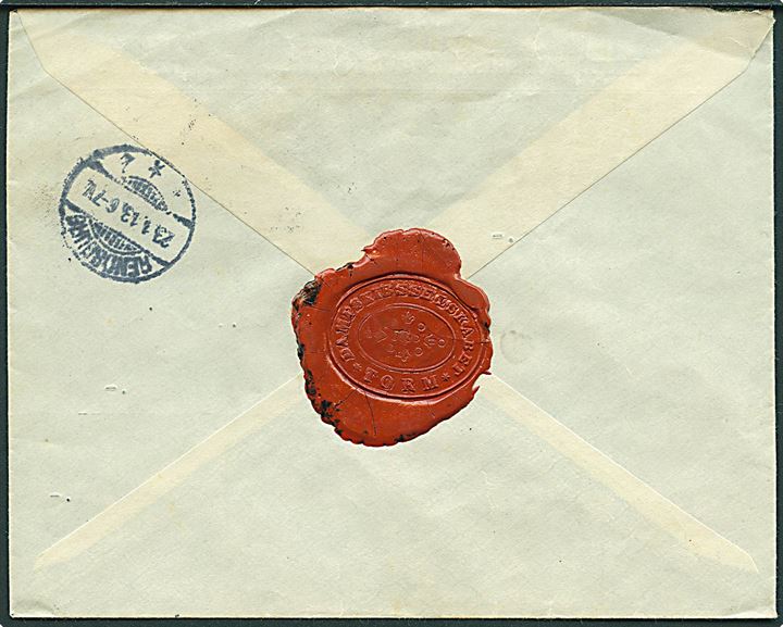35 øre Fr. VIII single på fortrykt kuvert fra Dampskibsselskabet “Torm” sendt anbefalet fra Kjøbenhavn d. 22. 1.1913 til Rendsburg, Holstein, Tyskland. 