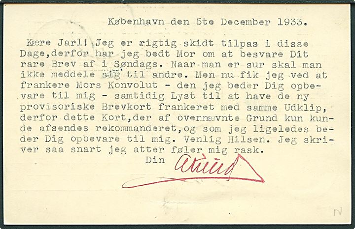 15+5 øre provisorisk helsagsbrevkort (fabr. 109-H) op-frankeret med 5+15 øre helsagsafklip sendt anbefalet fra København d. 9.12.1933 til kasernen i Sønderborg. 