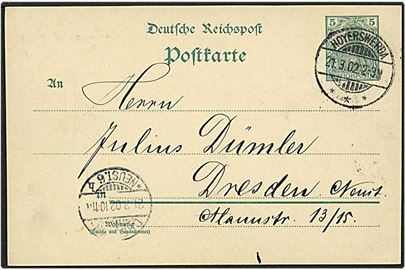 5 pfennig grøn enkeltbrevkort fra fra Hoyerswerda, Tyskland, d. 12.3.1902 til Dresden. 