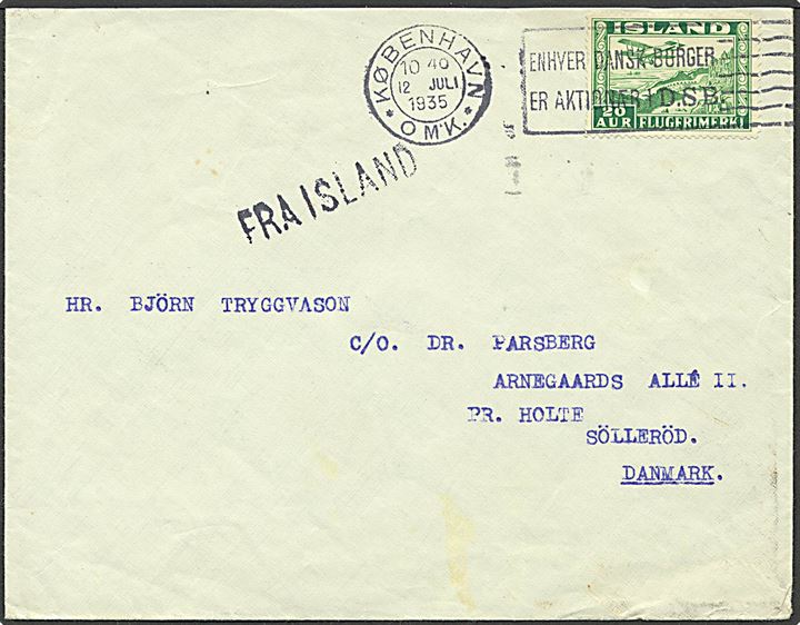 20 aur Luftpost, tk.12½x14, single på skibsbrev stemplet med dansk maskinstempel København 12.7.1935 og sidestemplet Fra Island til Holte.