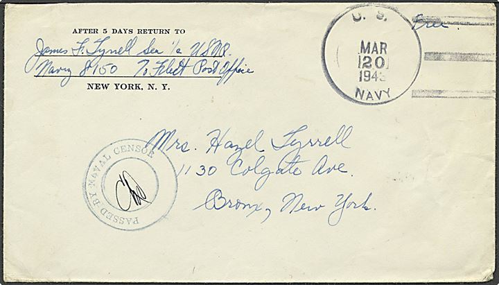 “Free” mail brev stemplet U.S. NAVY d. 20.3.1943 til USA. Fra Navy 8150 (28th NCB), Fleet Post Office, New York. Violet censurstempel PASSED BY NAVAL CENSOR.