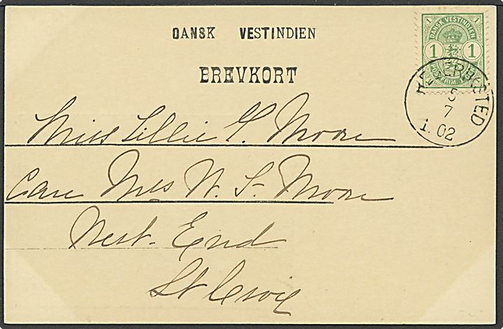 1 cent Våbentype single på lokalt brevkort stemplet Frederiksted d. 5.7.1902. Daka 3200,-