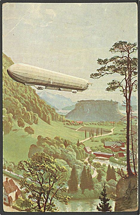 5 pfg. Germania Schweizerfahrt privat enkeltbrevkort stemplet Luftpost Zeppelin-Schiff Hansa d. 3.10.1912 til Haderslev. Befordret med luftskib LZ13 “Hansa” fra Hamburg og nedkastet over Tinglev (Tingleff). Uhyre sjælden sønderjysk Zeppelin-flyvning. Sieger 6IX
