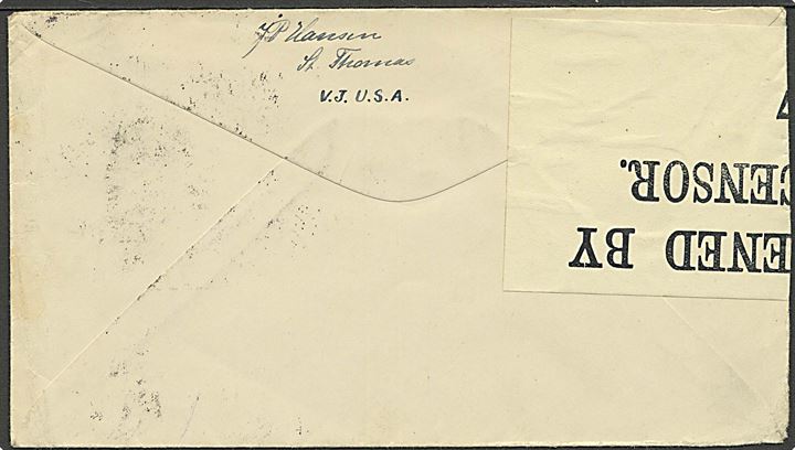 Amerikansk 5 cents på brev stemplet Charlotte Amalie Saint Thomas d. 29.7.1918 til København, Danmark. Åbnet af britisk censor 4377 i London. Flot kvalitet. 