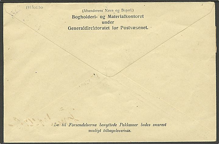 5 kr. Posthus og 1 kr. Chr. X på adressebrev for 3 pakker fra Kjøbenhavn d. 15.12.1915 til Fredericia. Attest Lasse Nielsen