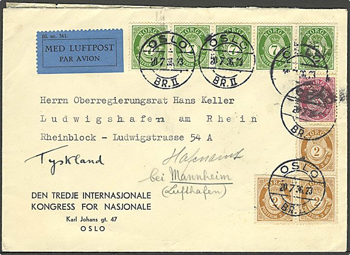 2 øre (3), 5 øre og 7 øre (5) Posthorn på fortrykt kuvert fra Den Tredje Internasjonale Kongress for Nasjonale  (Tidlig nazist organisation) sendt som luftpost fra Oslo d. 20.7.1936 via Berlin til Ludwigshafen, Tyskland. Åbnet af tysk toldkontrol.